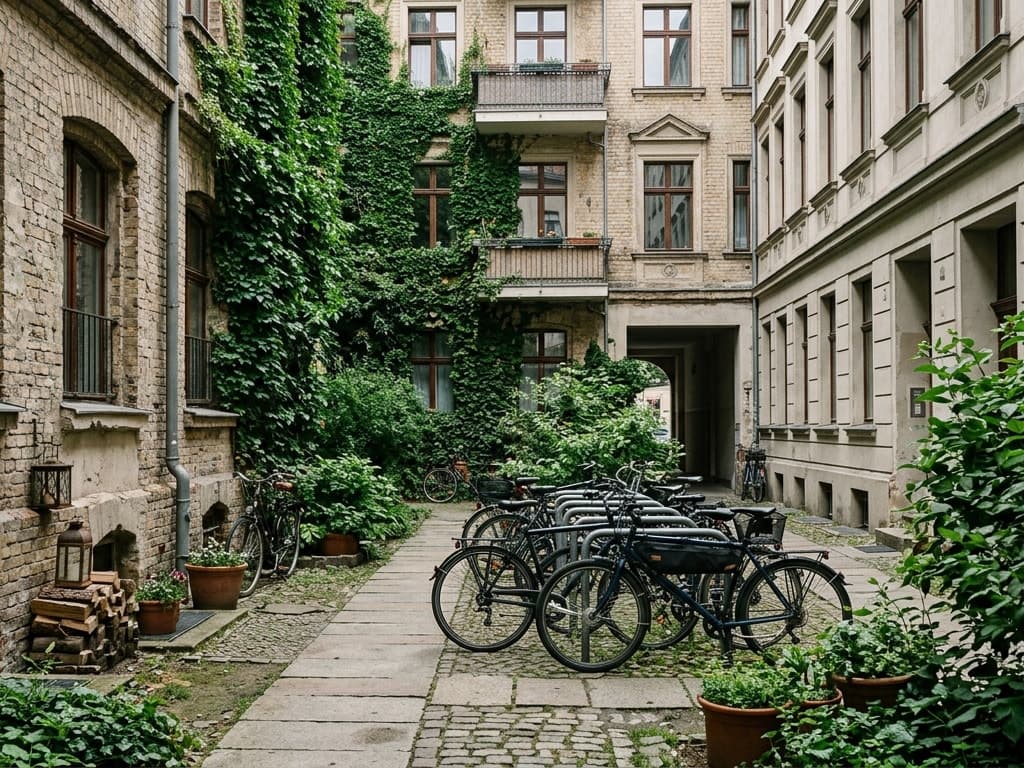 Begrünter Altbau-Innenhof mit Fahrradständern und Pflanzkübeln