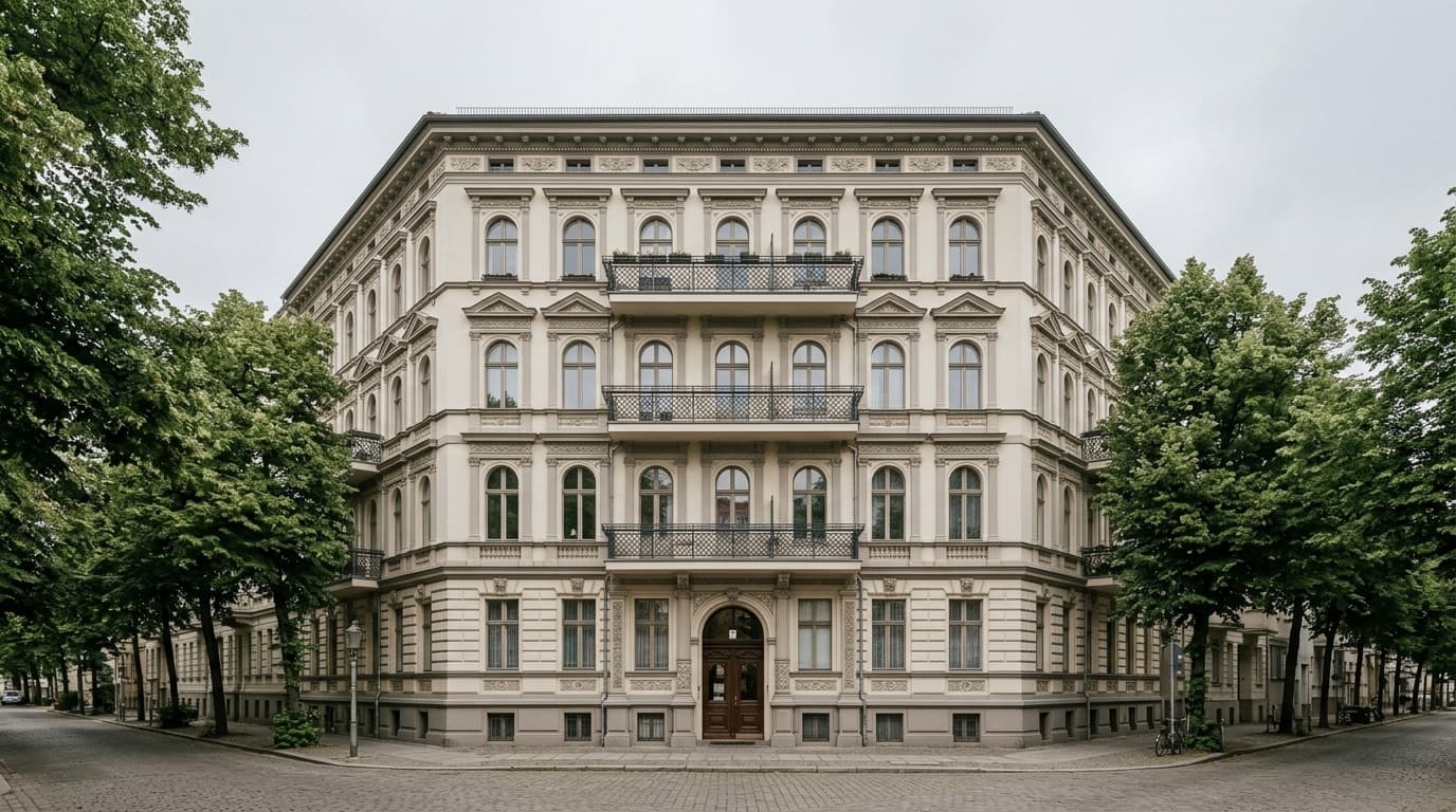 Gründerzeit-Eckhaus mit Stuckfassade an einer baumgesäumten Kopfsteinpflasterstraße