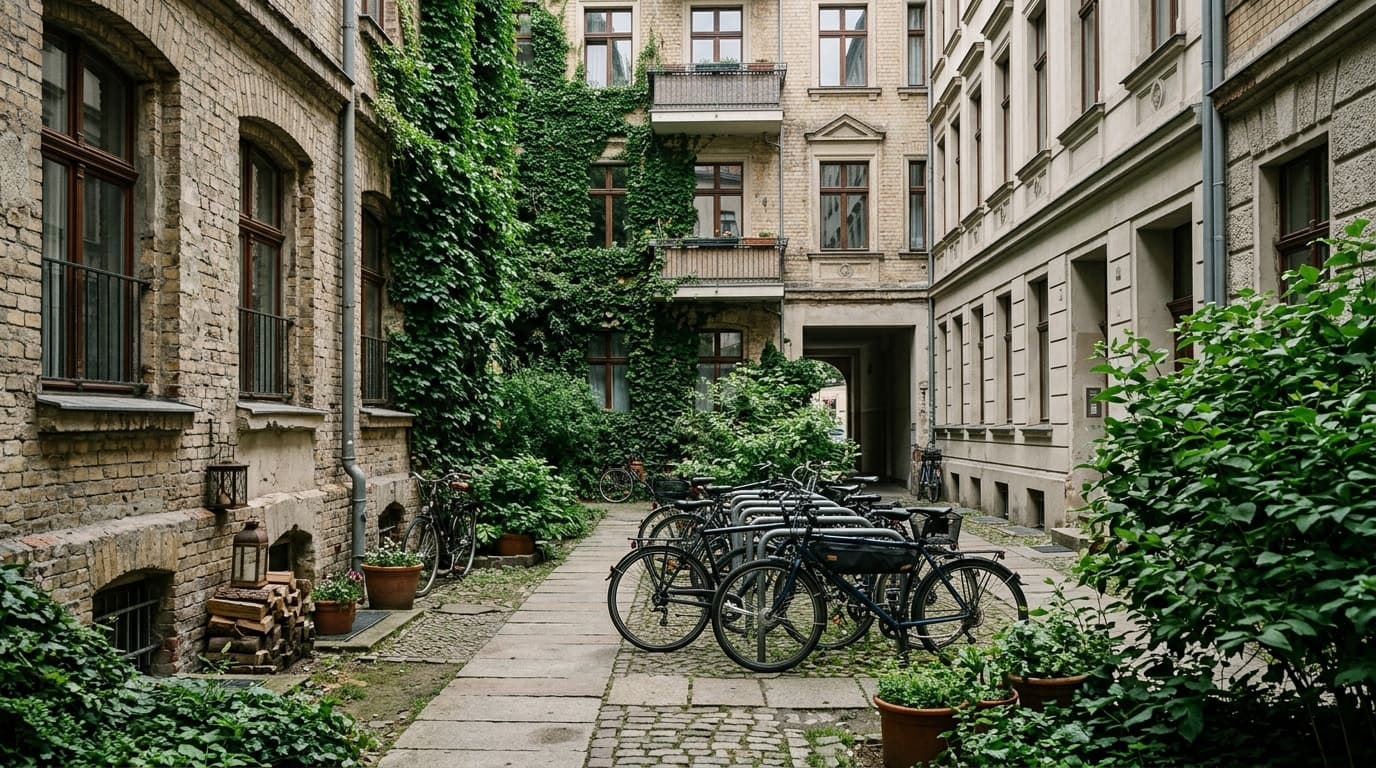 Begrünter Innenhof des Hofensembles am Ufer