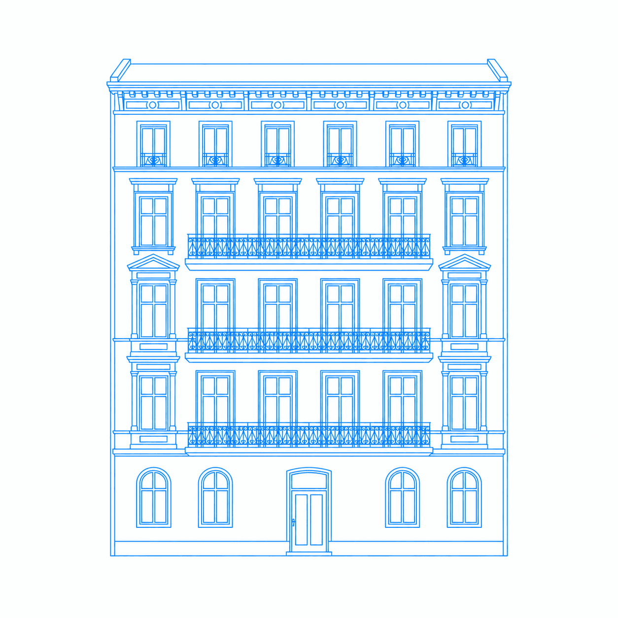 Blaue Linienzeichnung der Fassade eines Altbau-Mehrfamilienhauses